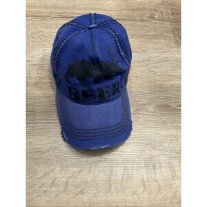 Beer, Navy Blue Thrashed Strap Back Baseball Cap Logo Is A Bear/Deer